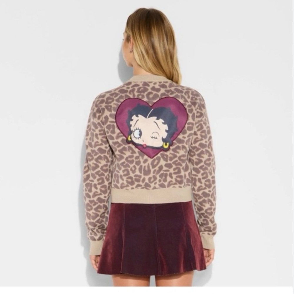 Betty Boop Leopard Print Cardigan Heart Graphic Y2K Cartoon Sweater XL NWT